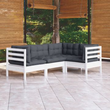 vidaXL Set mobilier de grădină cu perne, 4 piese, alb, lemn de pin
