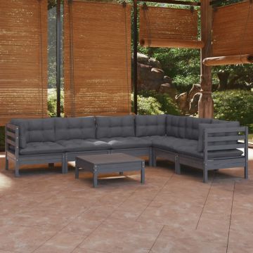 vidaXL Set mobilier de grădină cu perne, 7 piese, gri, lemn masiv pin