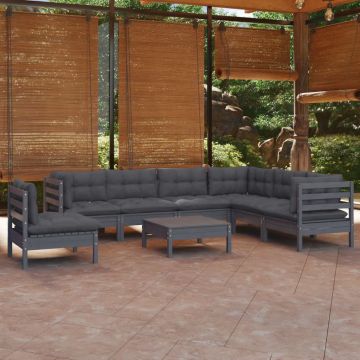 vidaXL Set mobilier de grădină cu perne,8 piese, gri, lemn masiv pin