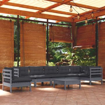 vidaXL Set mobilier de grădină cu perne, 9 piese, gri, lemn masiv pin