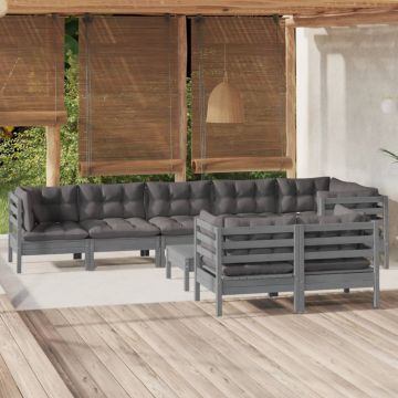 vidaXL Set mobilier de grădină cu perne, 9 piese, gri, lemn masiv pin