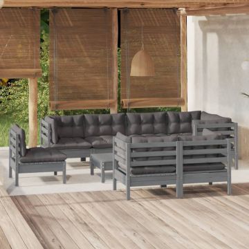 vidaXL Set mobilier de grădină cu perne, 9 piese, gri, lemn masiv pin