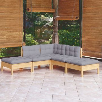 vidaXL Set mobilier de grădină cu perne gri, 5 piese, lemn de pin