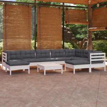 vidaXL Set mobilier grădină cu perne, 10 piese, alb, lemn masiv pin