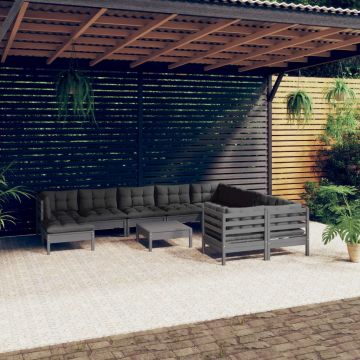 vidaXL Set mobilier grădină cu perne, 11 piese, gri, lemn de pin