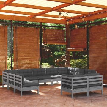 vidaXL Set mobilier grădină cu perne, 11 piese, gri, lemn masiv de pin