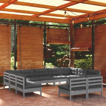 vidaXL Set mobilier grădină cu perne, 11 piese, gri, lemn masiv pin