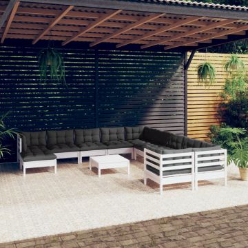 vidaXL Set mobilier grădină cu perne, 12 piese, alb, lemn de pin