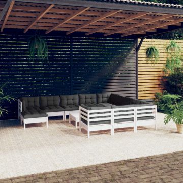 vidaXL Set mobilier grădină cu perne, 12 piese, alb, lemn de pin