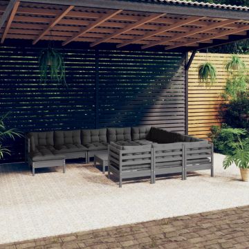 vidaXL Set mobilier grădină cu perne, 12 piese, gri, lemn de pin