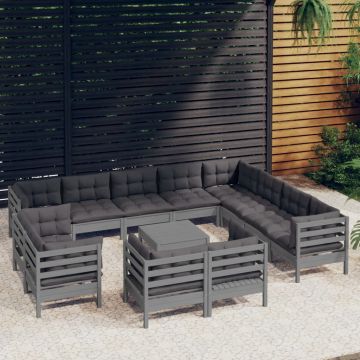 vidaXL Set mobilier grădină cu perne, 13 piese, gri, lemn masiv pin