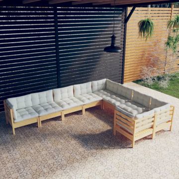 vidaXL Set mobilier grădină cu perne, 9 piese, crem, lemn de pin