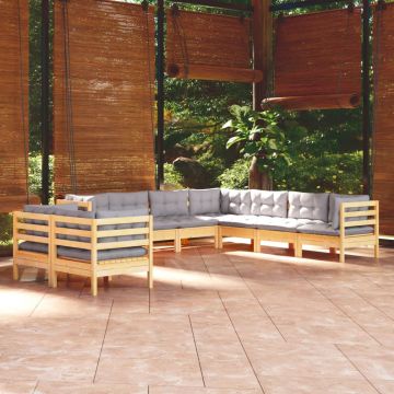 vidaXL Set mobilier grădină cu perne, 9 piese, gri, lemn masiv pin