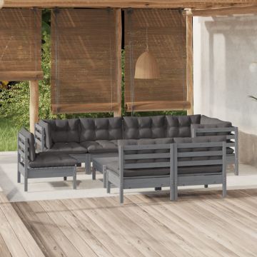 vidaXL Set mobilier de grădină cu perne, 9 piese, gri, lemn masiv pin