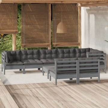 vidaXL Set mobilier de grădină cu perne, 9 piese, gri, lemn masiv pin