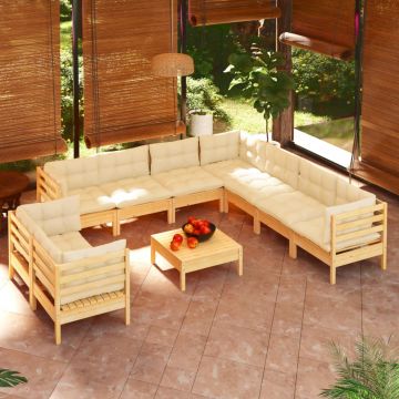 vidaXL Set mobilier grădină cu perne crem, 10 piese, lemn masiv de pin
