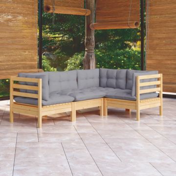 vidaXL Set mobilier grădină cu perne gri, 4 piese, lemn masiv pin