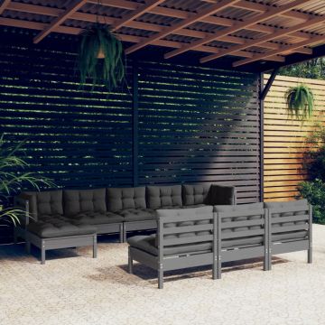 vidaXL Set mobilier de grădină cu perne, 10 piese, gri, lemn de pin