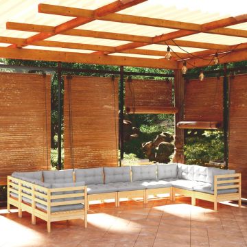 vidaXL Set mobilier de grădină cu perne, 10 piese, gri, lemn masiv pin
