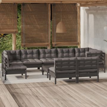 vidaXL Set mobilier de grădină cu perne 10 piese negru lemn masiv pin