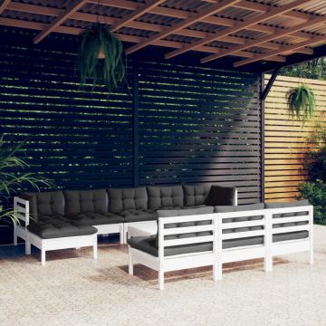 vidaXL Set mobilier de grădină cu perne, 11 piese, alb, lemn de pin
