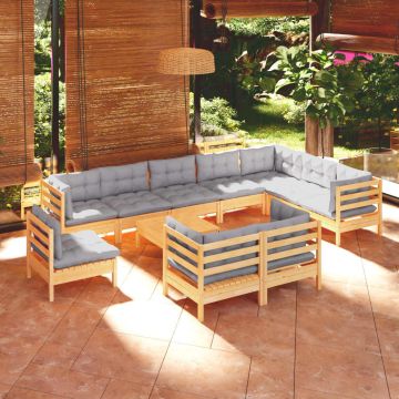 vidaXL Set mobilier de grădină cu perne, 11 piese, gri, lemn masiv pin