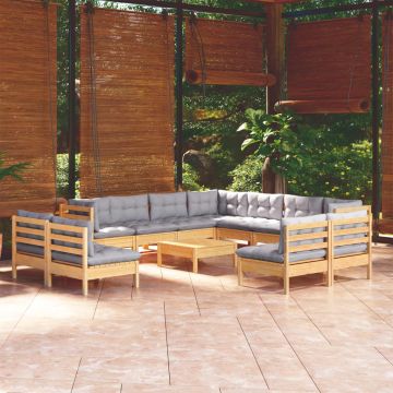 vidaXL Set mobilier de grădină cu perne, 12 piese, gri, lemn masiv pin