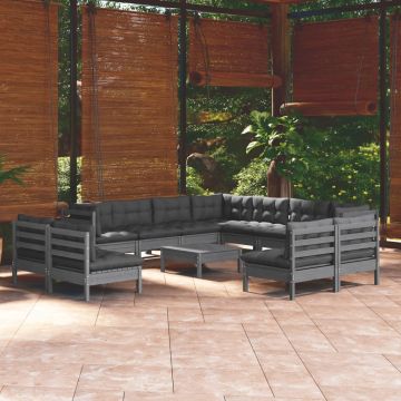 vidaXL Set mobilier de grădină cu perne, 12 piese, gri, lemn masiv pin