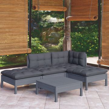 vidaXL Set mobilier de grădină cu perne, 5 piese, gri, lemn masiv pin