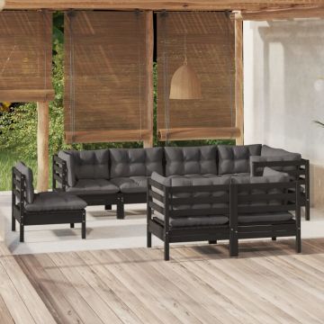 vidaXL Set mobilier de grădină cu perne 8 piese negru lemn masiv pin