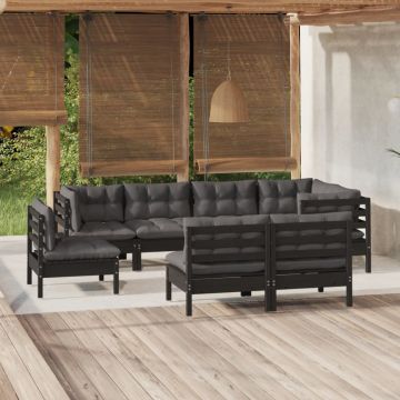 vidaXL Set mobilier de grădină cu perne 8 piese negru lemn masiv pin