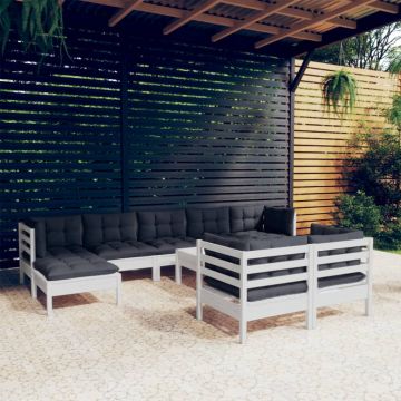 vidaXL Set mobilier grădină cu perne, 10 piese, alb, lemn masiv pin
