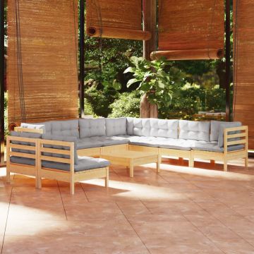 vidaXL Set mobilier grădină cu perne, 10 piese, gri, lemn masiv pin