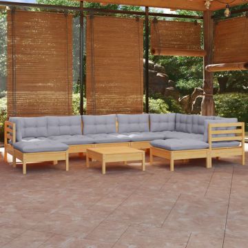 vidaXL Set mobilier grădină cu perne, 10 piese, gri, lemn masiv pin