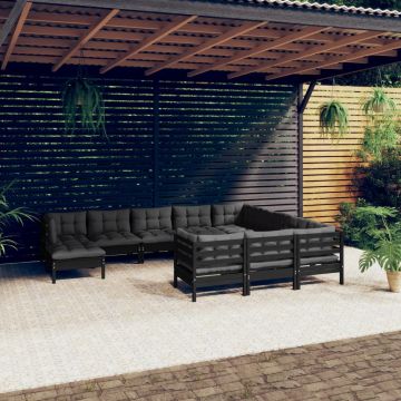 vidaXL Set mobilier grădină cu perne, 11 piese, negru, lemn de pin