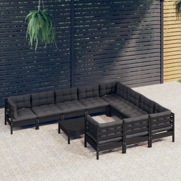 vidaXL Set mobilier grădină cu perne, 11 piese, negru, lemn de pin