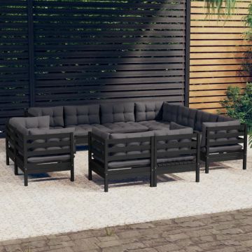 vidaXL Set mobilier grădină cu perne, 11 piese, negru, lemn masiv pin