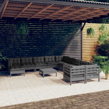 vidaXL Set mobilier grădină cu perne, 12 piese, gri, lemn de pin