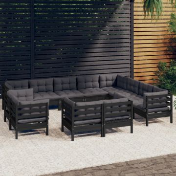 vidaXL Set mobilier grădină cu perne, 12 piese, negru, lemn masiv pin