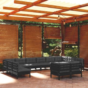vidaXL Set mobilier grădină cu perne, 12 piese, negru, lemn masiv pin
