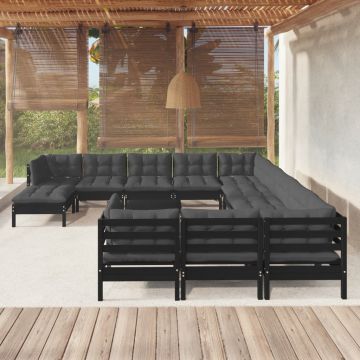 vidaXL Set mobilier grădină cu perne, 13 piese, negru, lemn de pin
