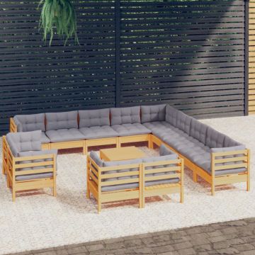 vidaXL Set mobilier grădină cu perne, 14 piese, gri, lemn masiv pin