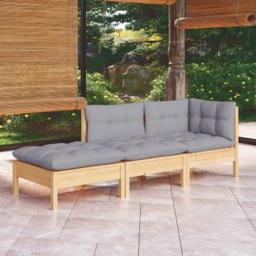vidaXL Set mobilier grădină cu perne, 3 piese, gri, lemn masiv pin