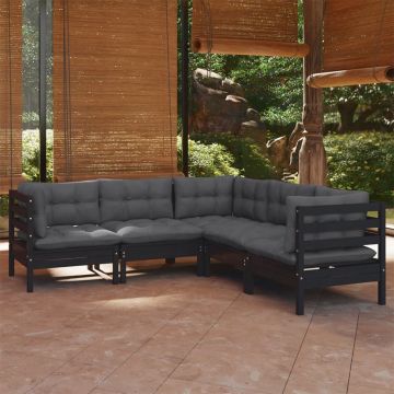vidaXL Set mobilier grădină cu perne, 5 piese, negru, lemn masiv pin