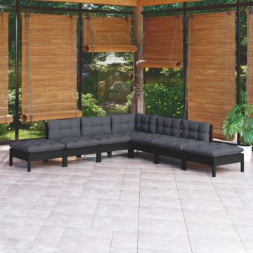 vidaXL Set mobilier grădină cu perne, 7 piese, negru, lemn de pin