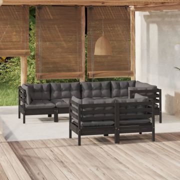 vidaXL Set mobilier grădină cu perne, 7 piese, negru, lemn masiv pin