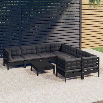vidaXL Set mobilier grădină cu perne, 9 piese, negru, lemn de pin