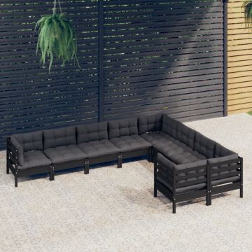 vidaXL Set mobilier grădină cu perne, 9 piese, negru, lemn de pin