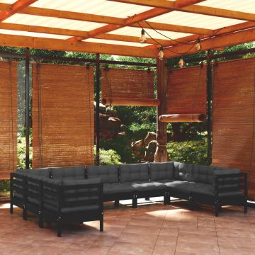 vidaXL Set mobilier grădină cu perne, 9 piese, negru, lemn de pin