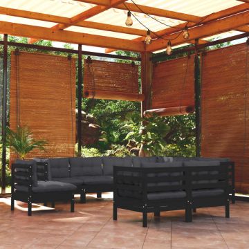 vidaXL Set mobilier grădină cu perne, 9 piese, negru, lemn masiv pin